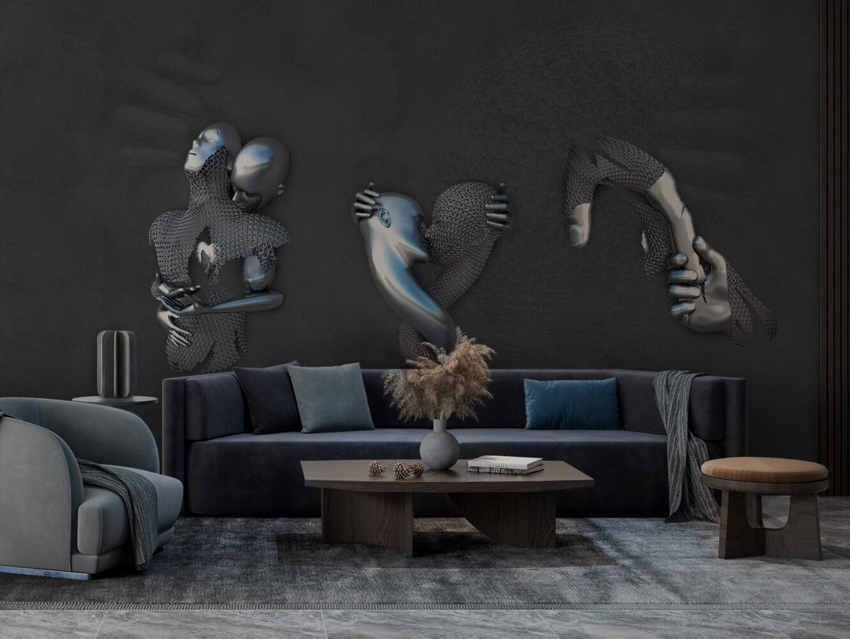 Silver Faces Wallpaper : 3D Sculpted Embrace Mural - View 4