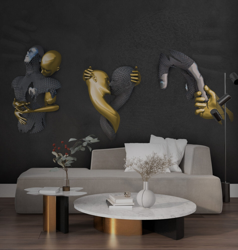 Gold and Silver Faces Wallpaper : 3D Sculpted Figures Mural - View 4