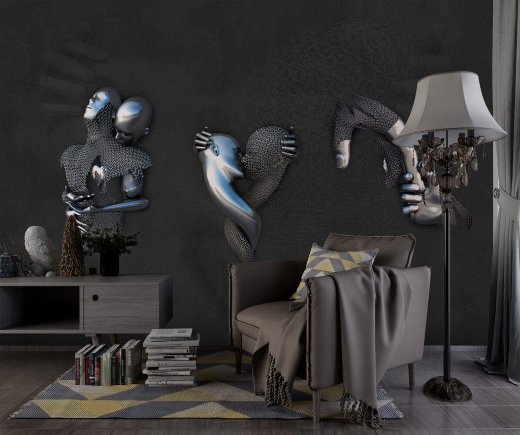 Silver Faces Wallpaper : 3D Sculpted Embrace Mural - View 5