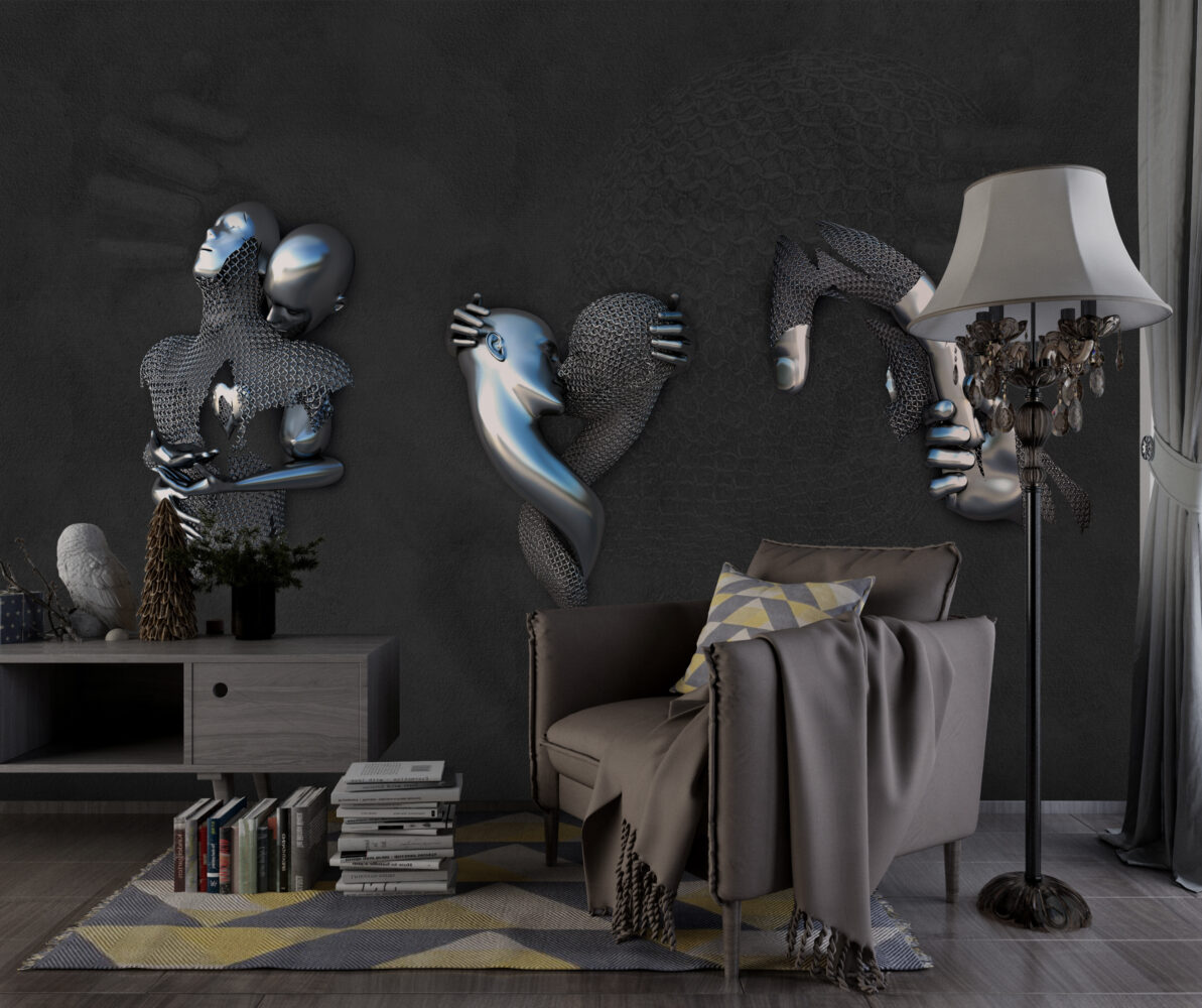 Silver Faces Wallpaper : 3D Sculpted Embrace Mural - View 5