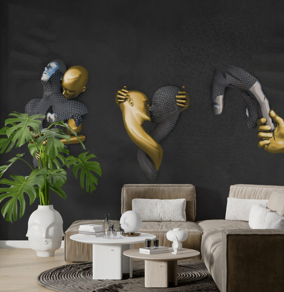 Gold and Silver Faces Wallpaper : 3D Sculpted Figures Mural - View 5