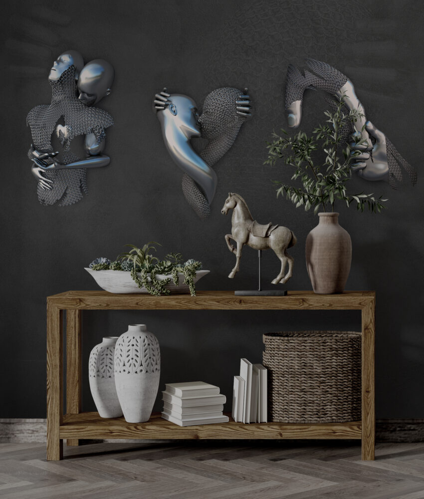 Silver Faces Wallpaper : 3D Sculpted Embrace Mural - View 6