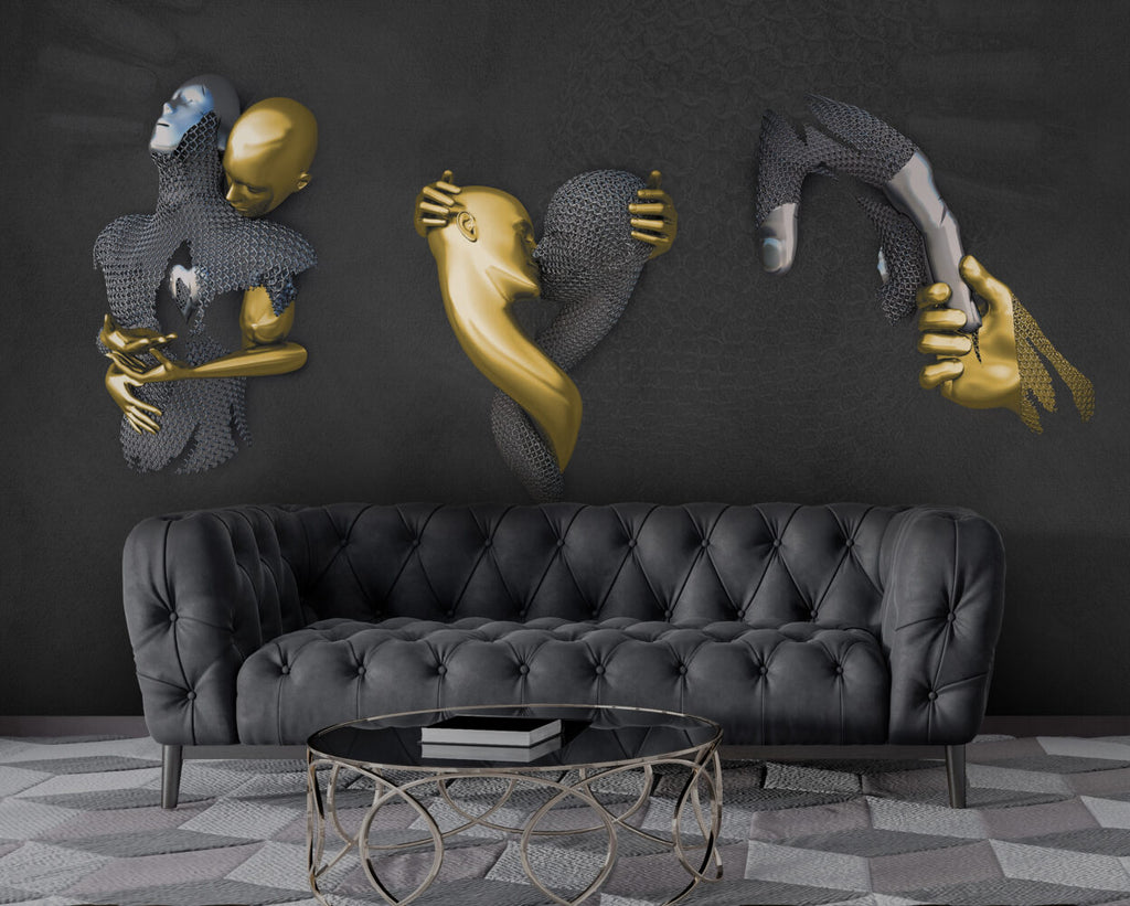 Gold and Silver Faces Wallpaper : 3D Sculpted Figures Mural - View 6