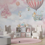 Pink Castle Sky Wallpaper : Animals in Hot Air Balloons Mural - View 3