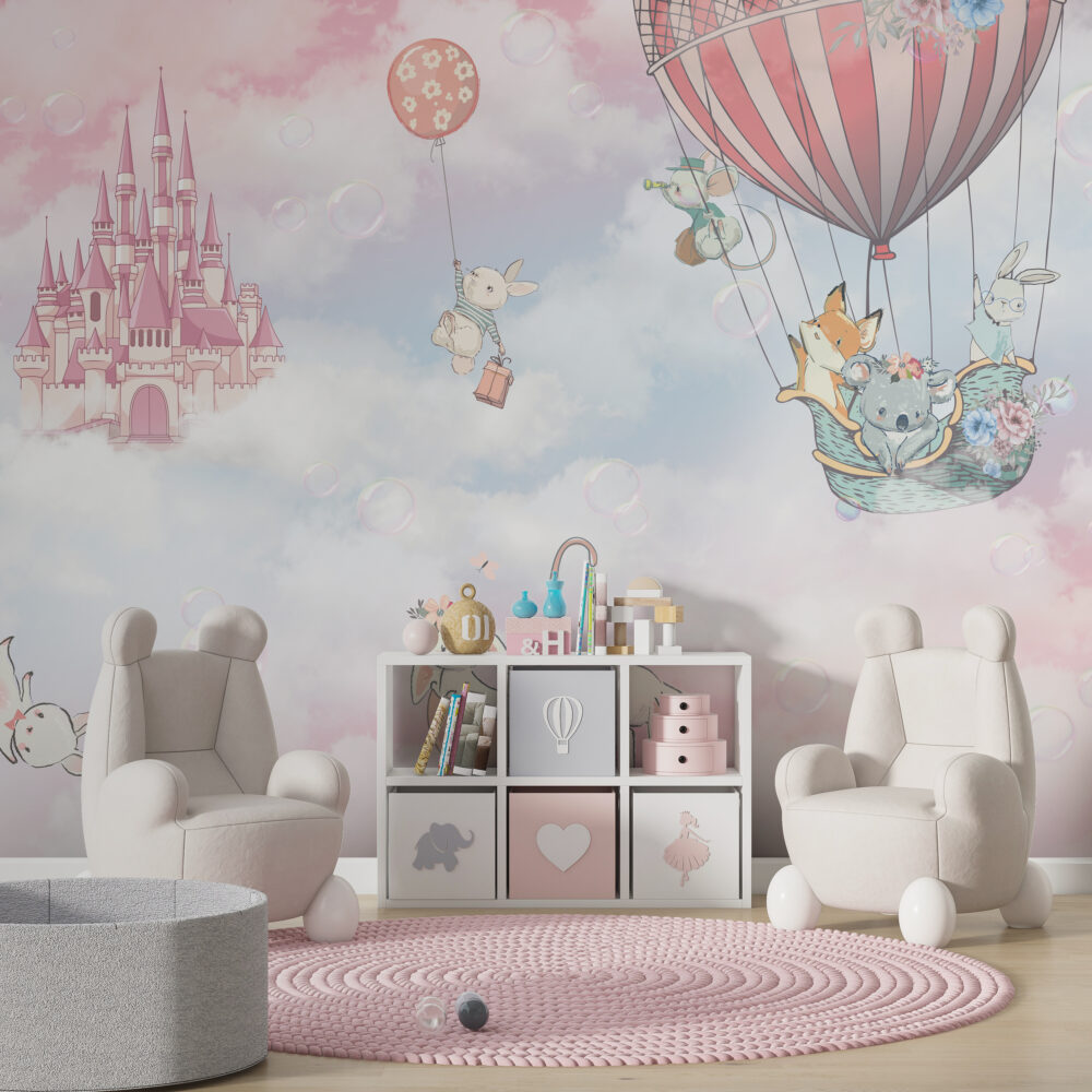 Pink Castle Sky Wallpaper : Animals in Hot Air Balloons Mural - View 3
