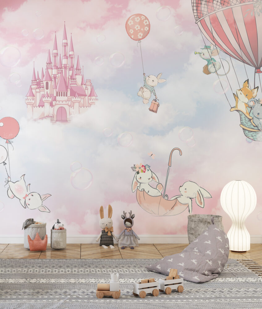 Pink Castle Sky Wallpaper : Animals in Hot Air Balloons Mural - View 4
