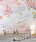 Pink Castle Sky Wallpaper : Animals in Hot Air Balloons Mural - View 4