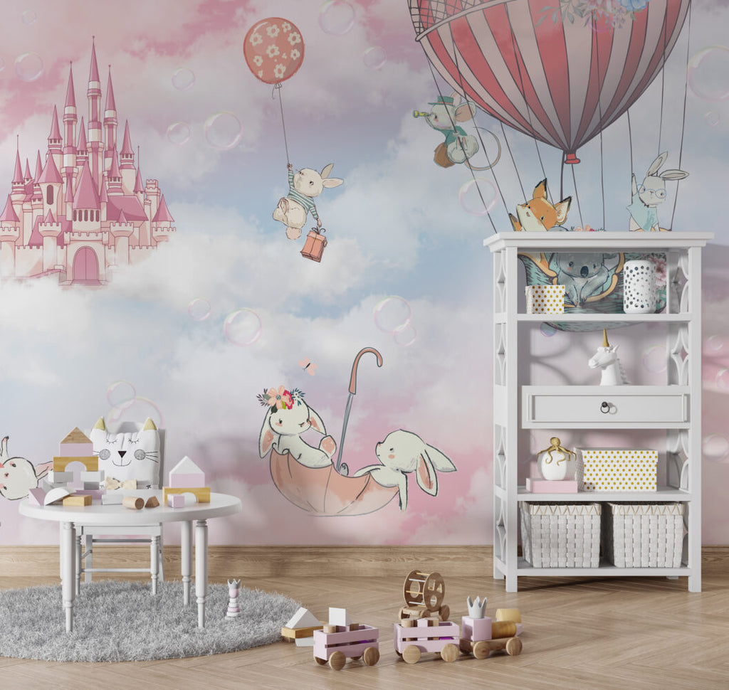Pink Castle Sky Wallpaper : Animals in Hot Air Balloons Mural - View 5