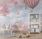 Pink Castle Sky Wallpaper : Animals in Hot Air Balloons Mural - View 5