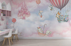 Pink Castle Sky Wallpaper : Animals in Hot Air Balloons Mural