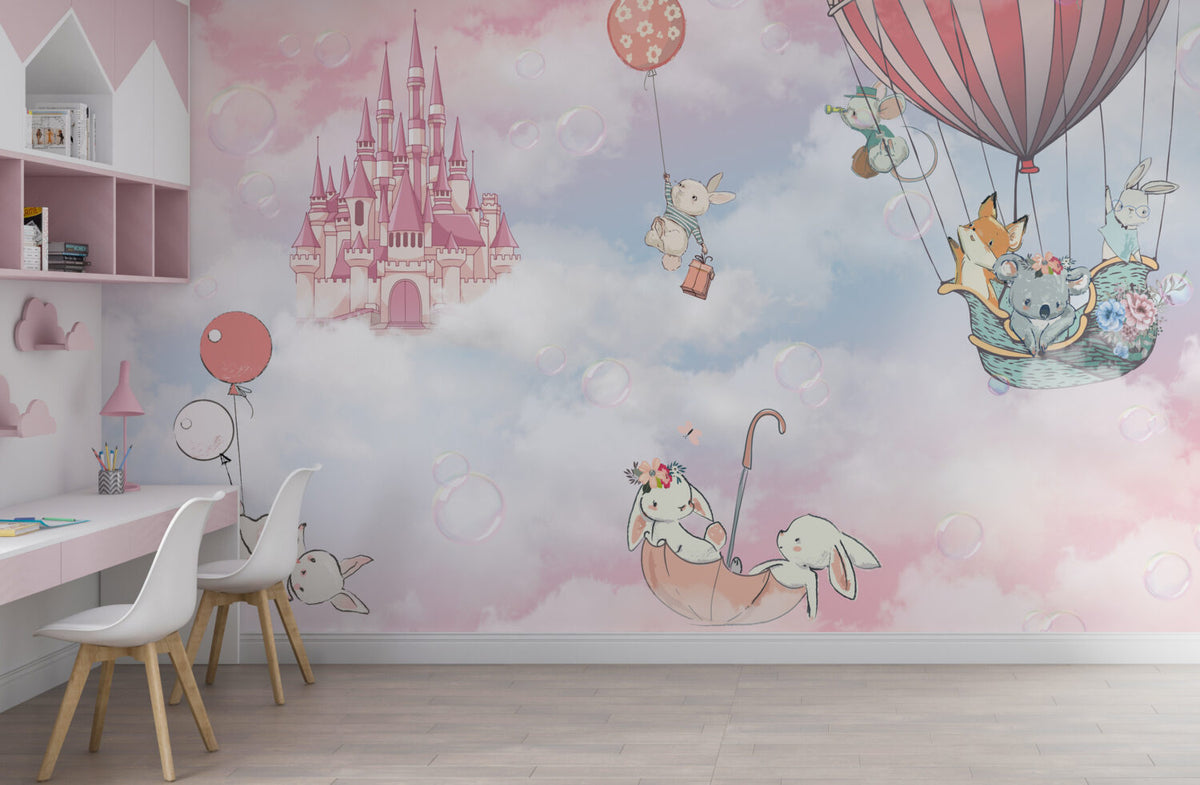 Pink Castle Sky Wallpaper : Animals in Hot Air Balloons Mural