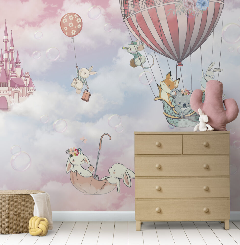 Pink Castle Sky Wallpaper : Animals in Hot Air Balloons Mural - View 6