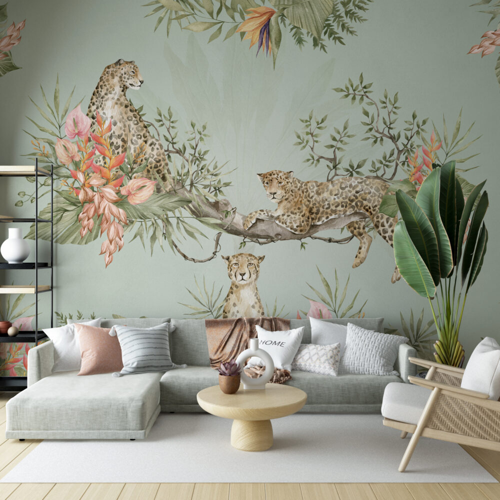 Sage Leopard Jungle Wallpaper : Tropical Branch Mural - View 3