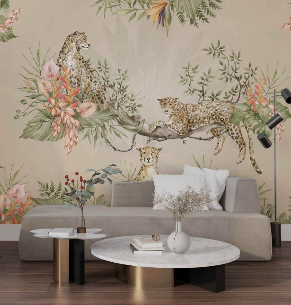 Cream Leopard Jungle Wallpaper : Tropical Branch Mural - View 3