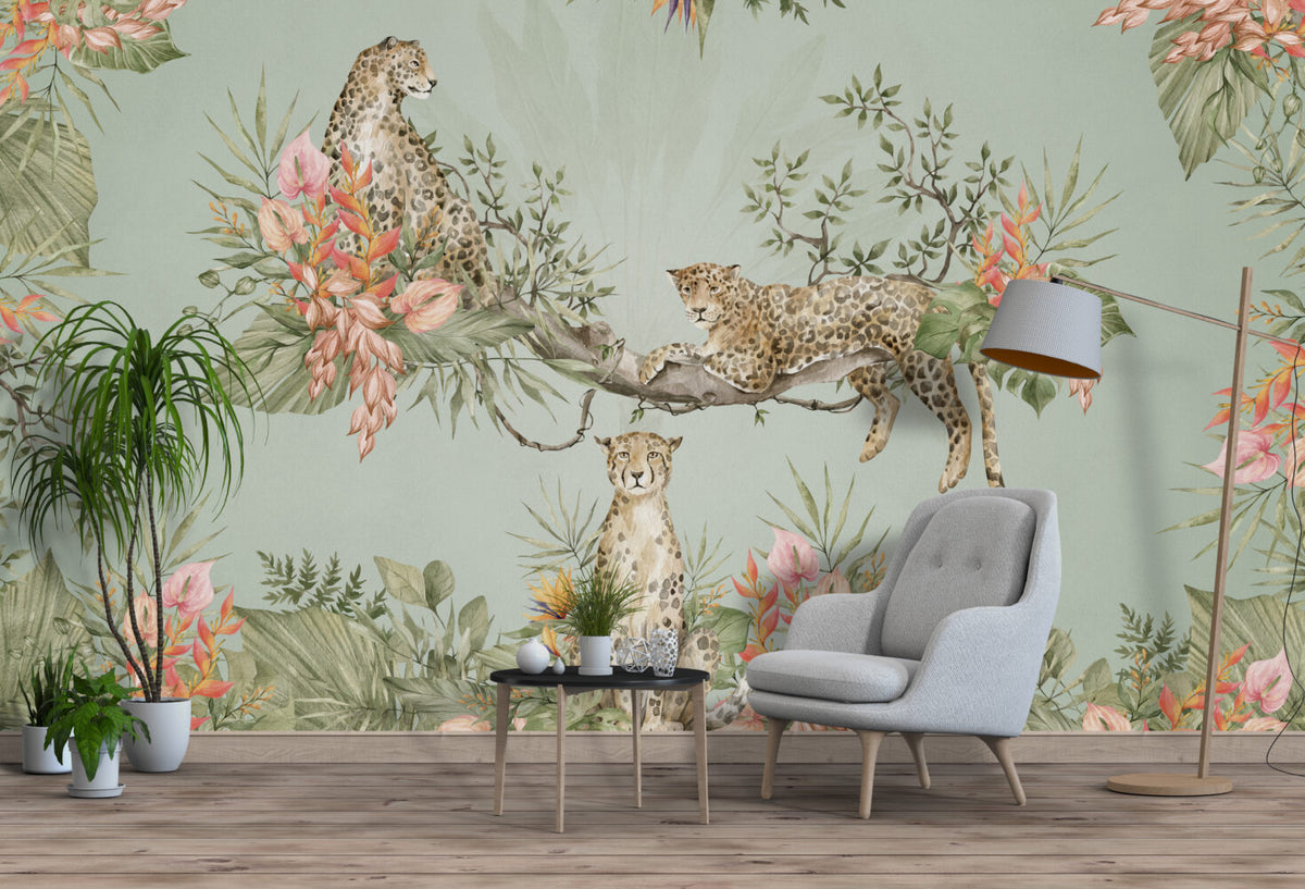 Sage Leopard Jungle Wallpaper : Tropical Branch Mural - View 4
