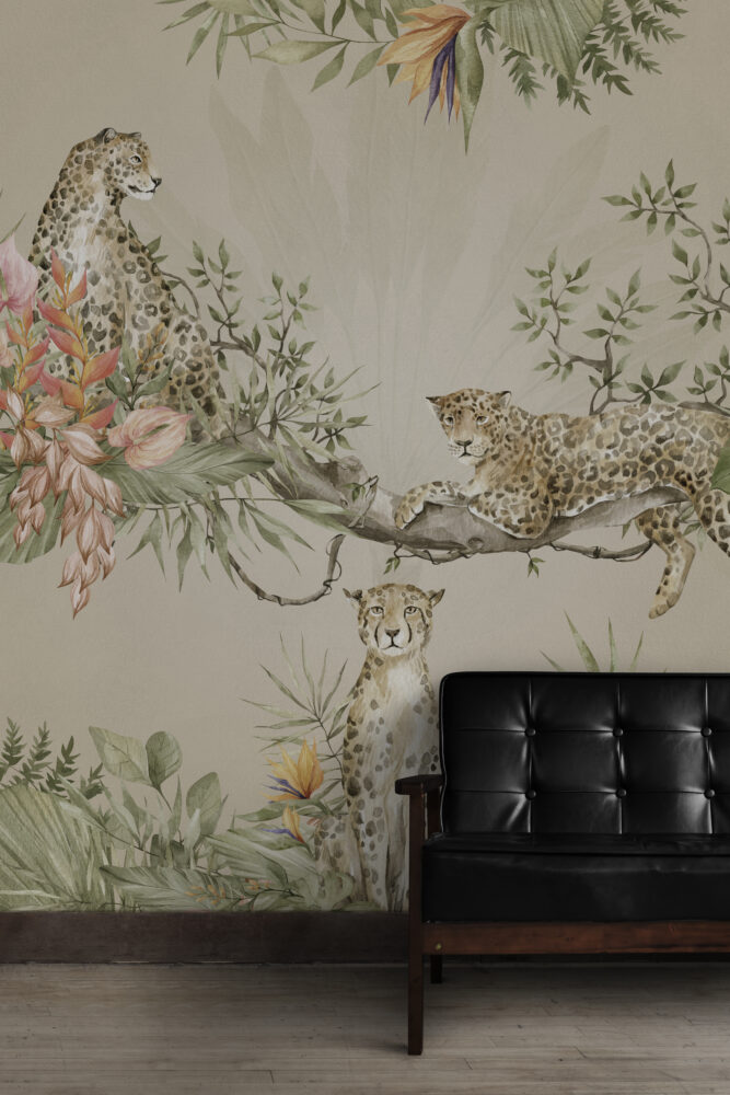 Cream Leopard Jungle Wallpaper : Tropical Branch Mural - View 4