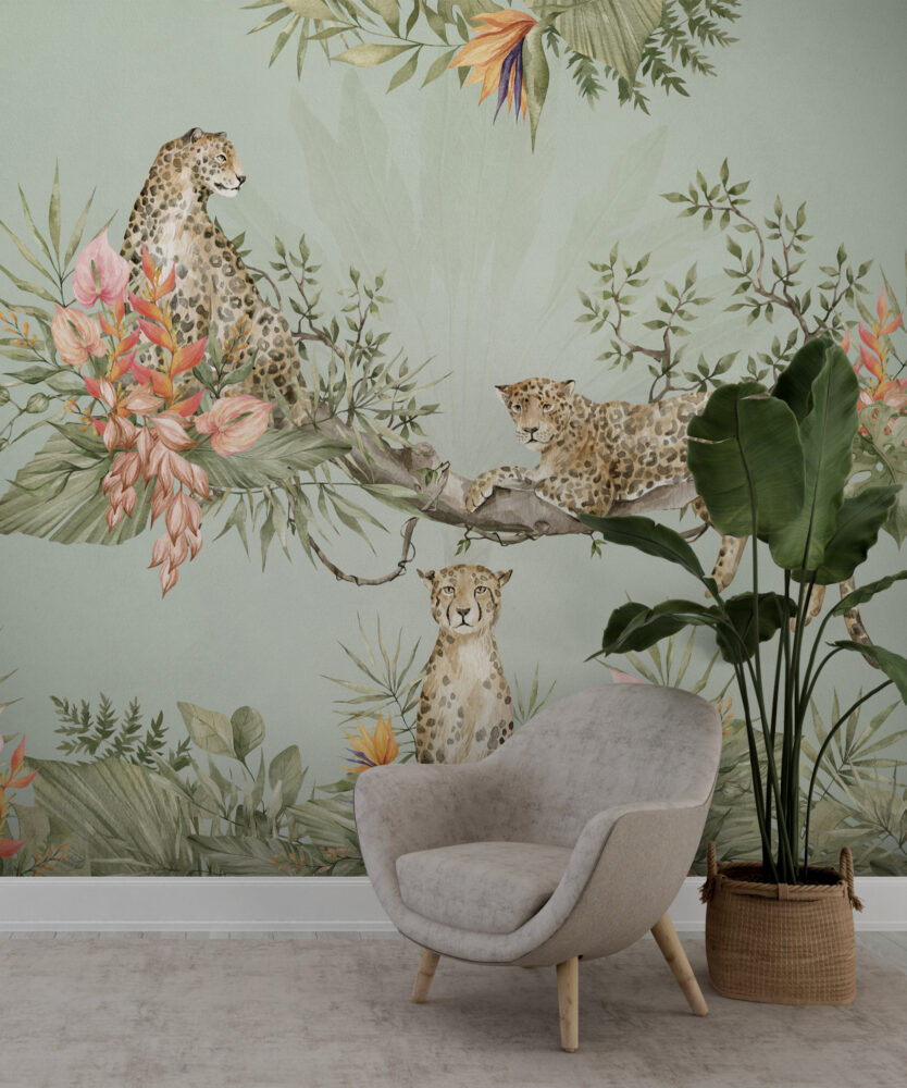 Sage Leopard Jungle Wallpaper : Tropical Branch Mural - View 5