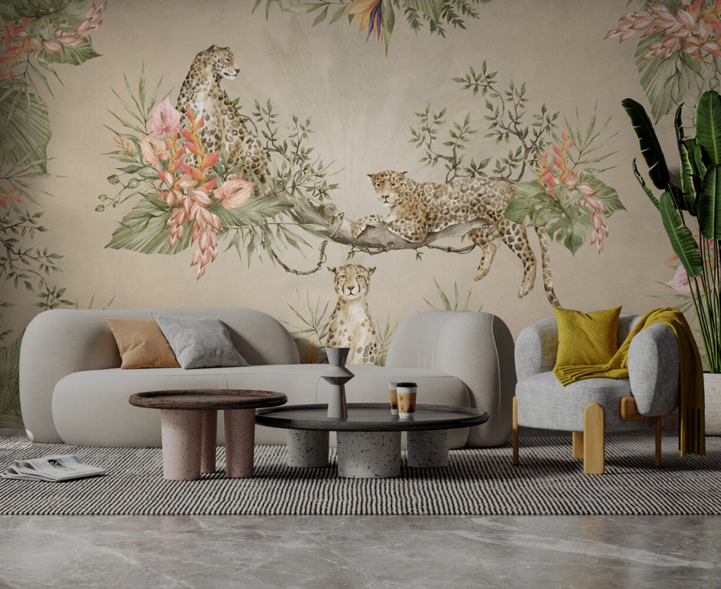 Cream Leopard Jungle Wallpaper : Tropical Branch Mural - View 5