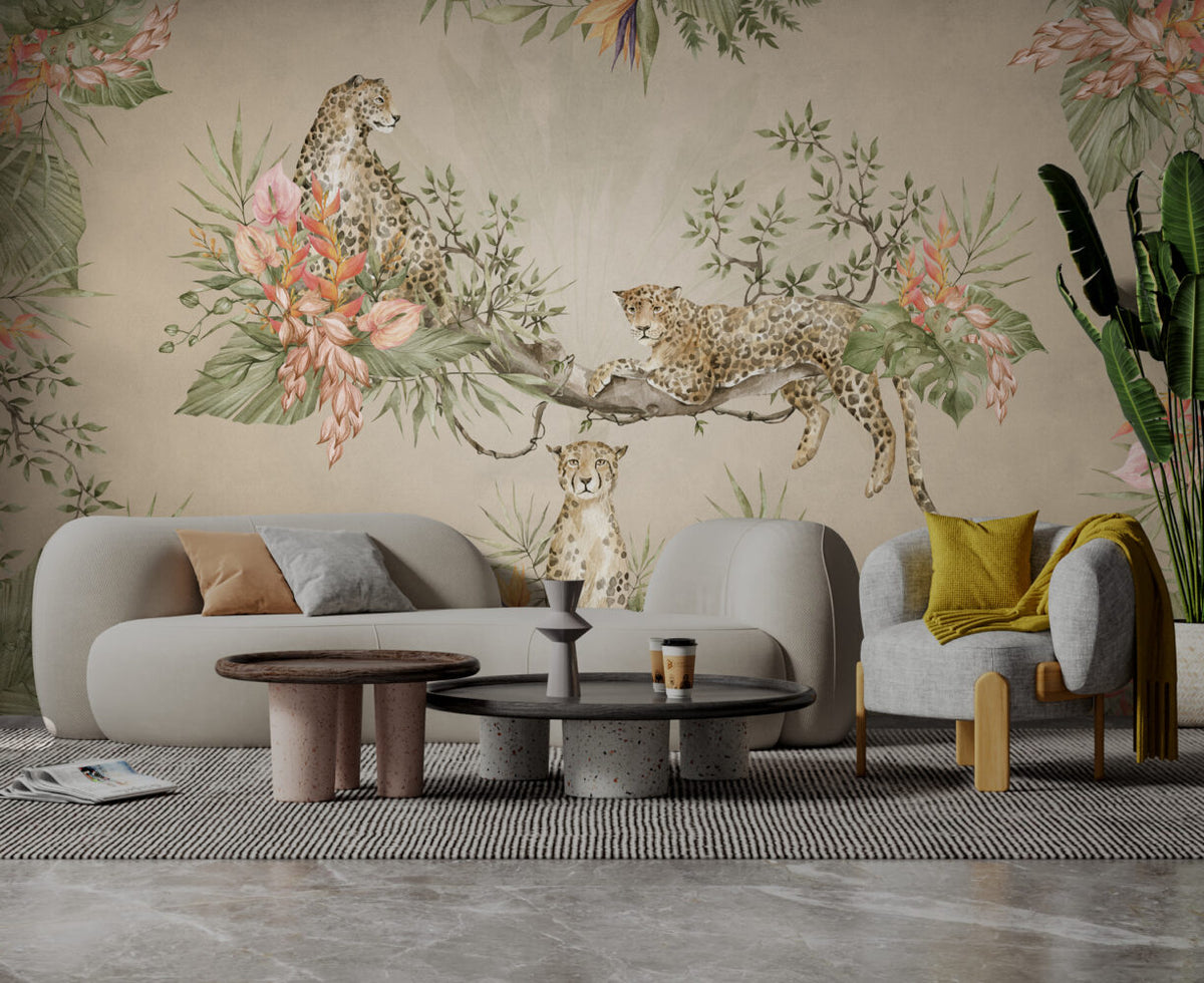 Cream Leopard Jungle Wallpaper : Tropical Branch Mural - View 5