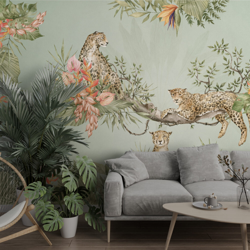 Sage Leopard Jungle Wallpaper : Tropical Branch Mural - View 6