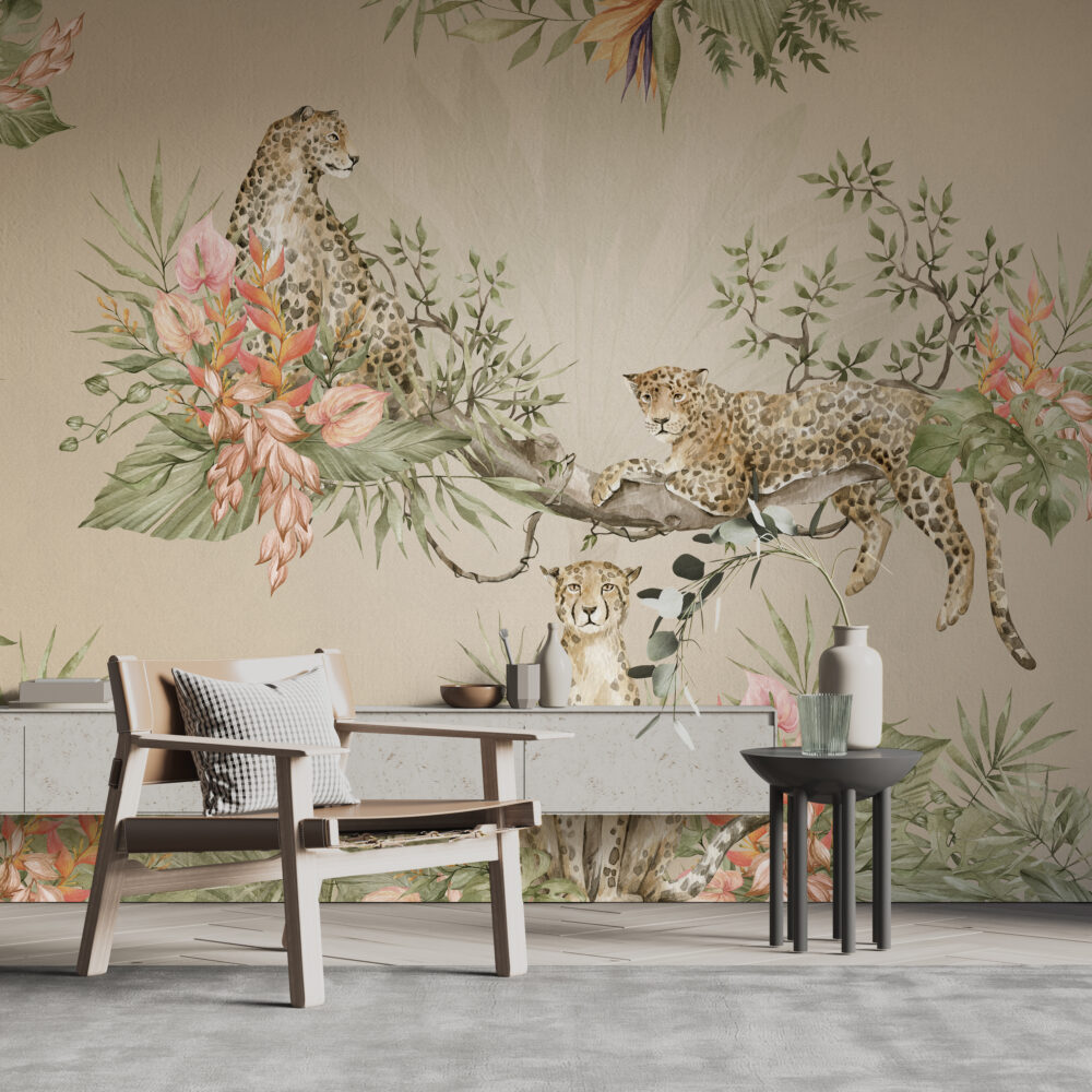 Cream Leopard Jungle Wallpaper : Tropical Branch Mural - View 6