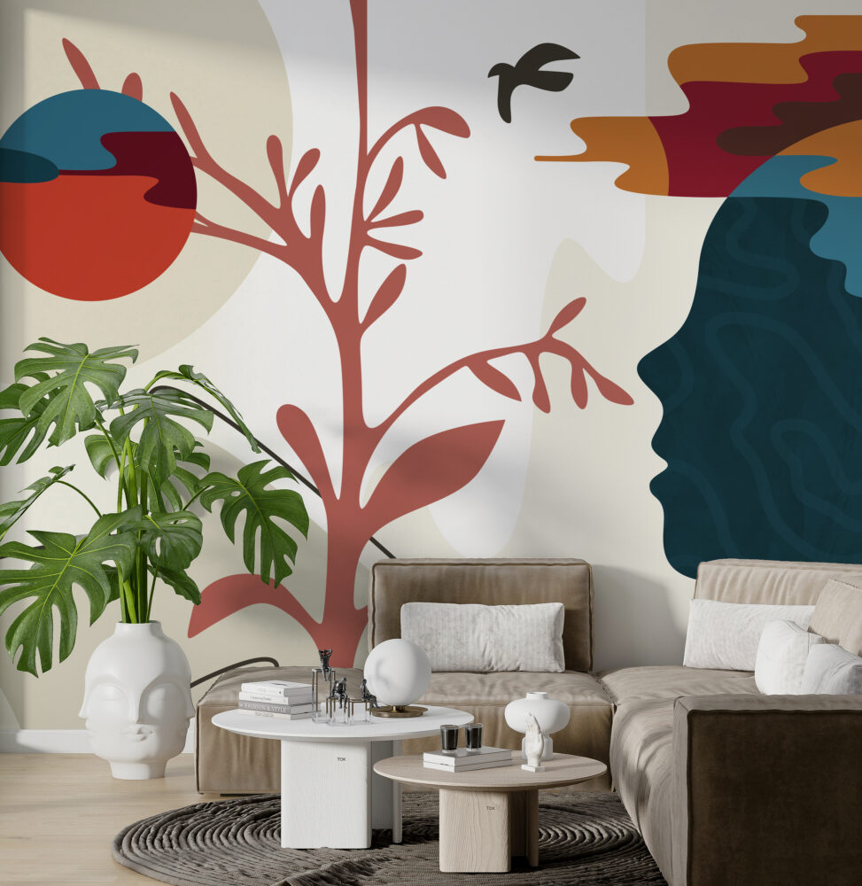 Colorful Faces Wallpaper : Pop Art Profiles and Tree Mural - View 3