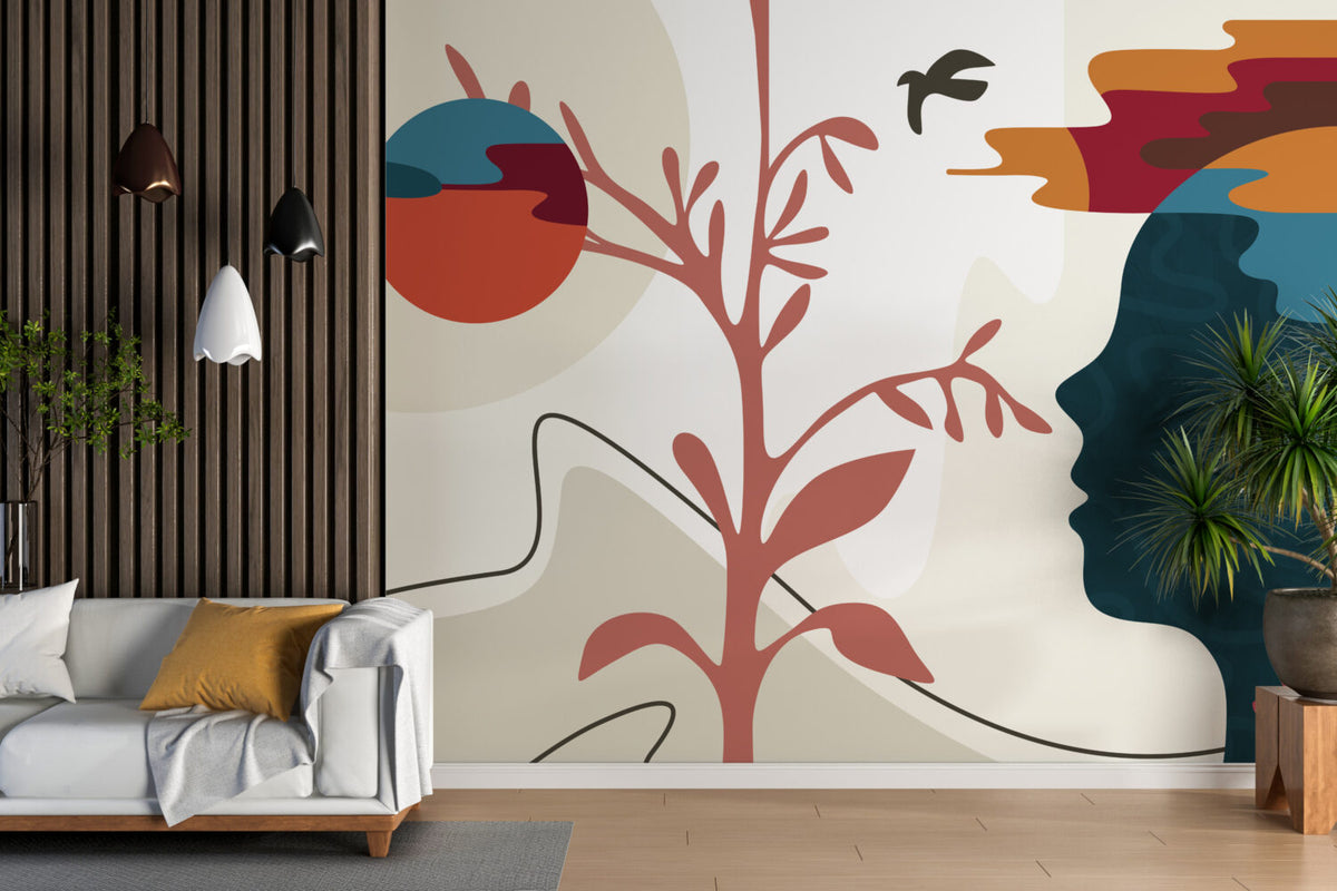 Colorful Faces Wallpaper : Pop Art Profiles and Tree Mural - View 5