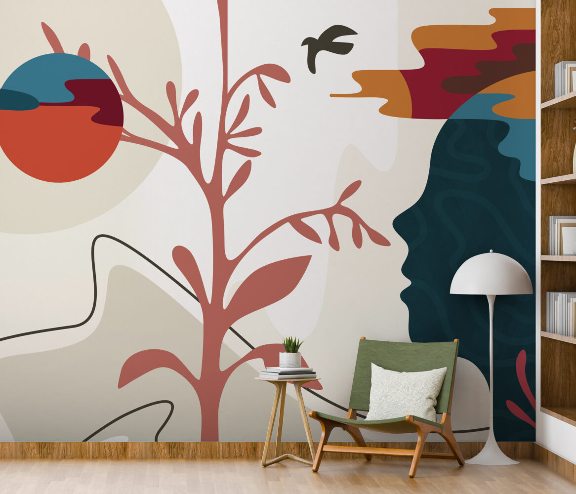 Colorful Faces Wallpaper : Pop Art Profiles and Tree Mural - View 6