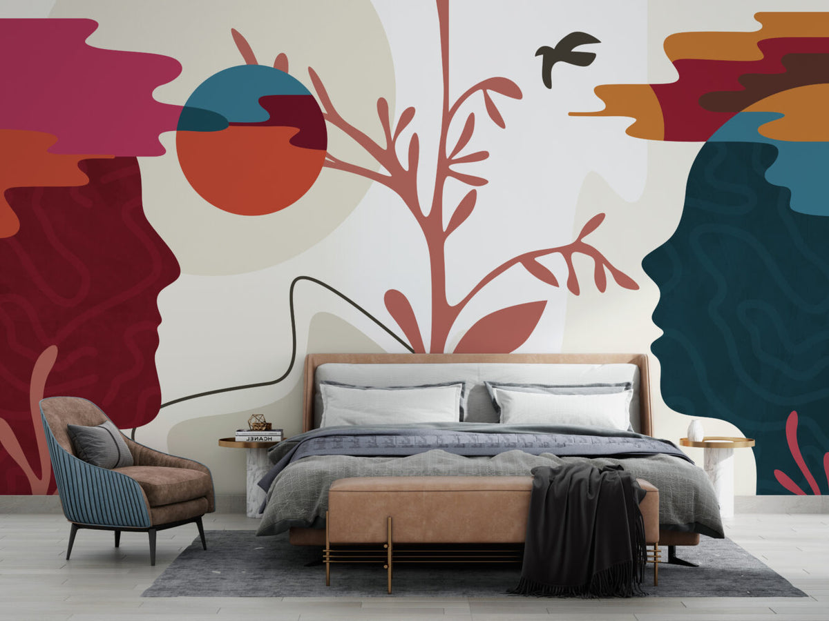 Colorful Faces Wallpaper : Pop Art Profiles and Tree Mural