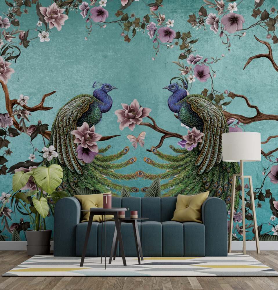 Turquoise Peacock Wallpaper : Magnolia Branch Chinoiserie Mural - View 3