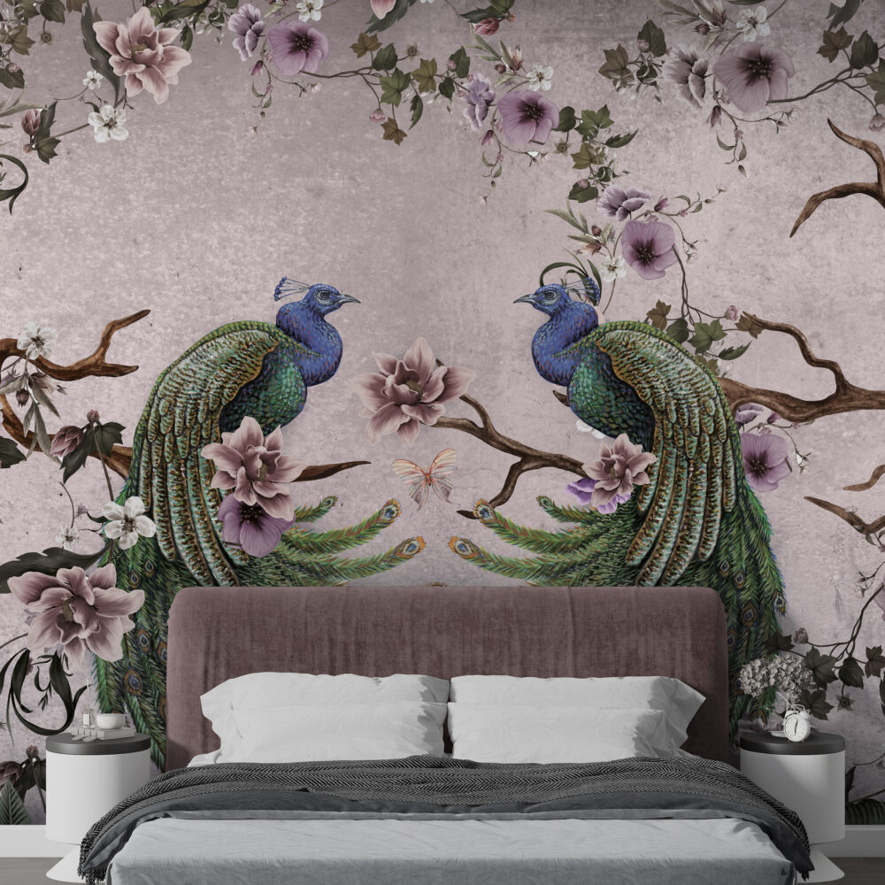 Pink Peacock Wallpaper : Magnolia Branch Chinoiserie Mural - View 3