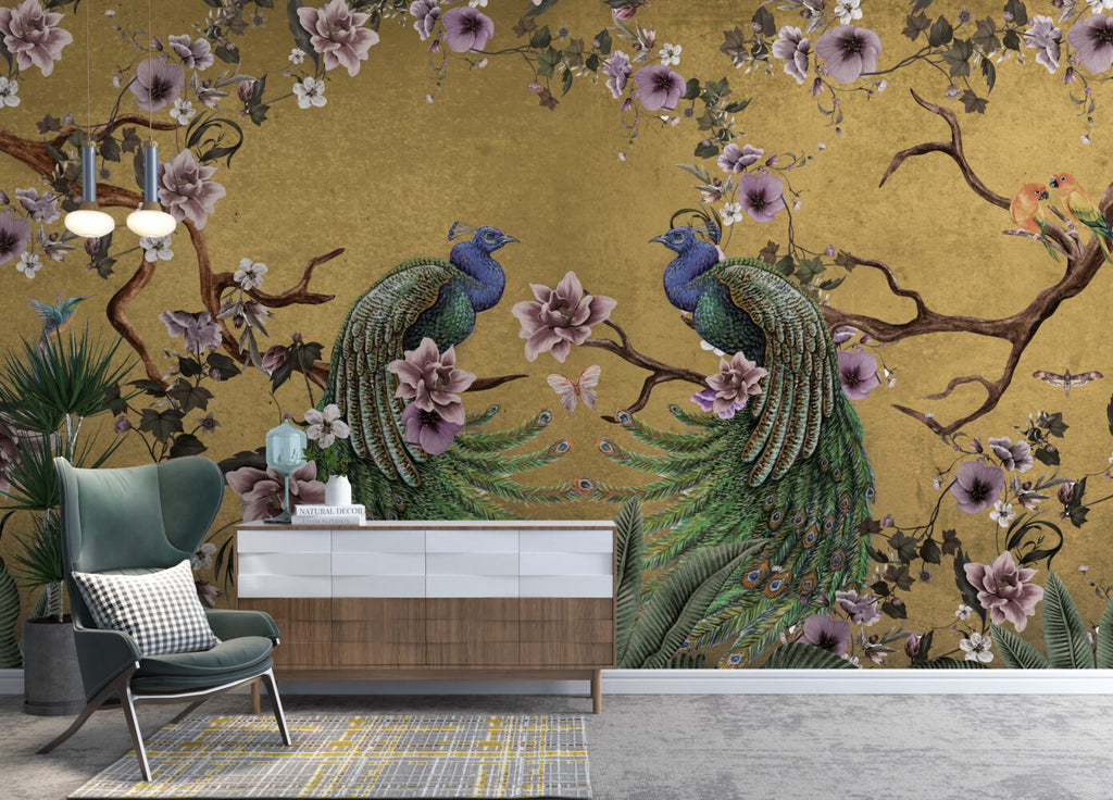 Mustard Peacock Wallpaper : Magnolia Branch Chinoiserie Mural - View 4