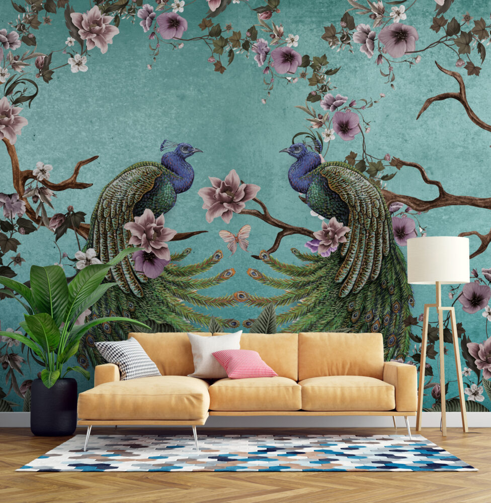 Turquoise Peacock Wallpaper : Magnolia Branch Chinoiserie Mural - View 4