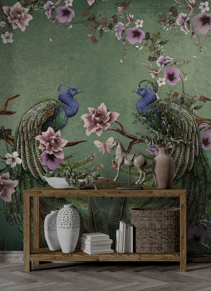Green Peacock Wallpaper : Magnolia Branch Chinoiserie Mural - View 2