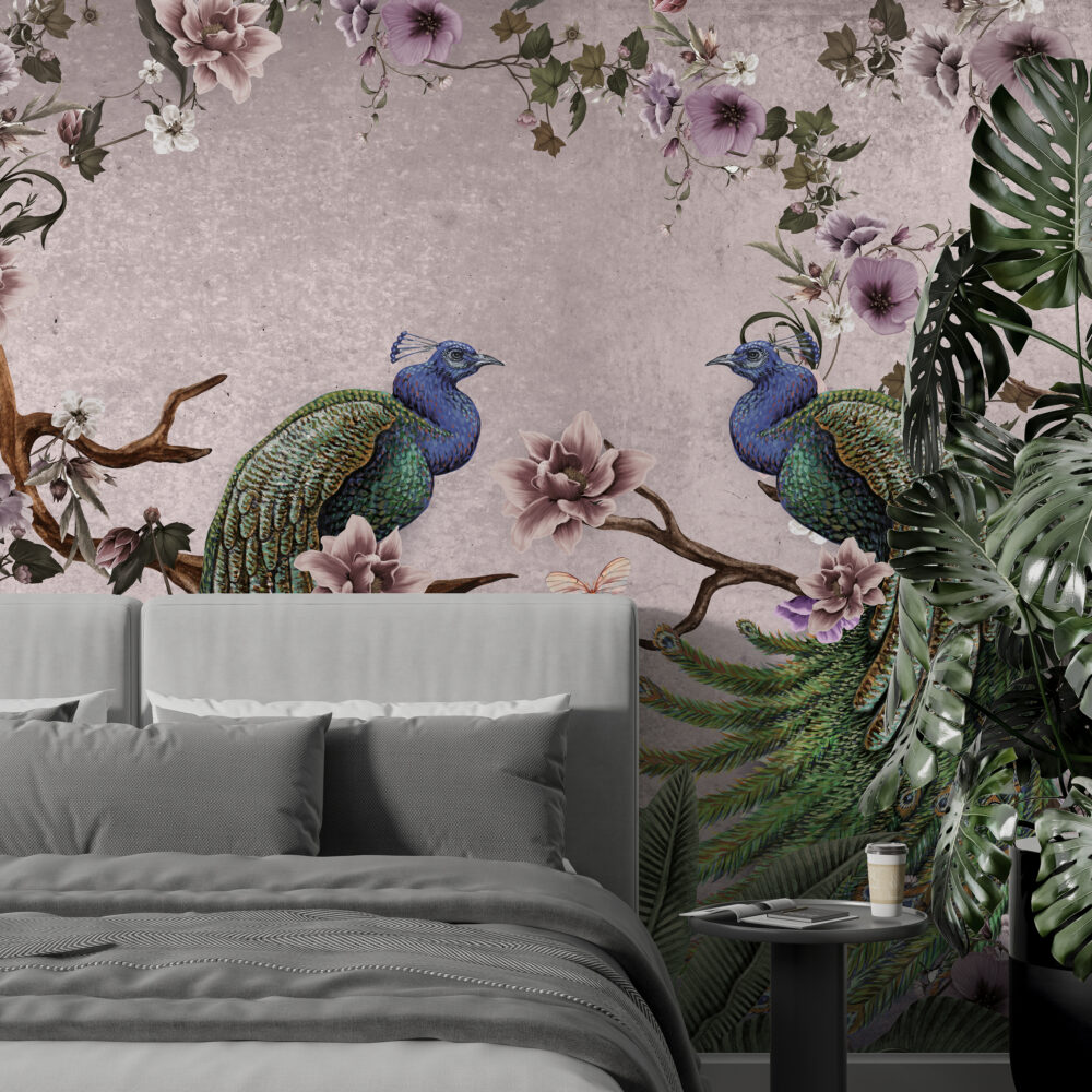 Pink Peacock Wallpaper : Magnolia Branch Chinoiserie Mural - View 4