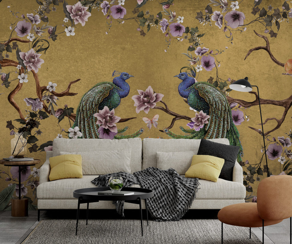 Mustard Peacock Wallpaper : Magnolia Branch Chinoiserie Mural - View 5