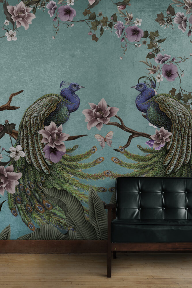 Turquoise Peacock Wallpaper : Magnolia Branch Chinoiserie Mural - View 5