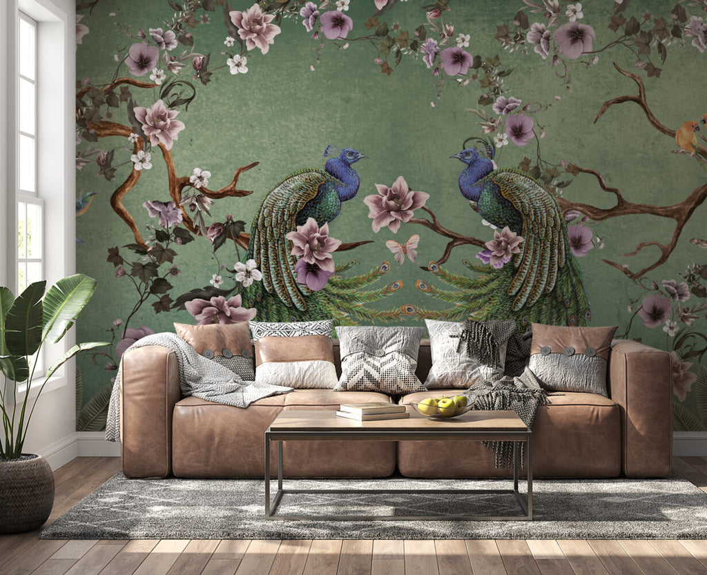 Green Peacock Wallpaper : Magnolia Branch Chinoiserie Mural
