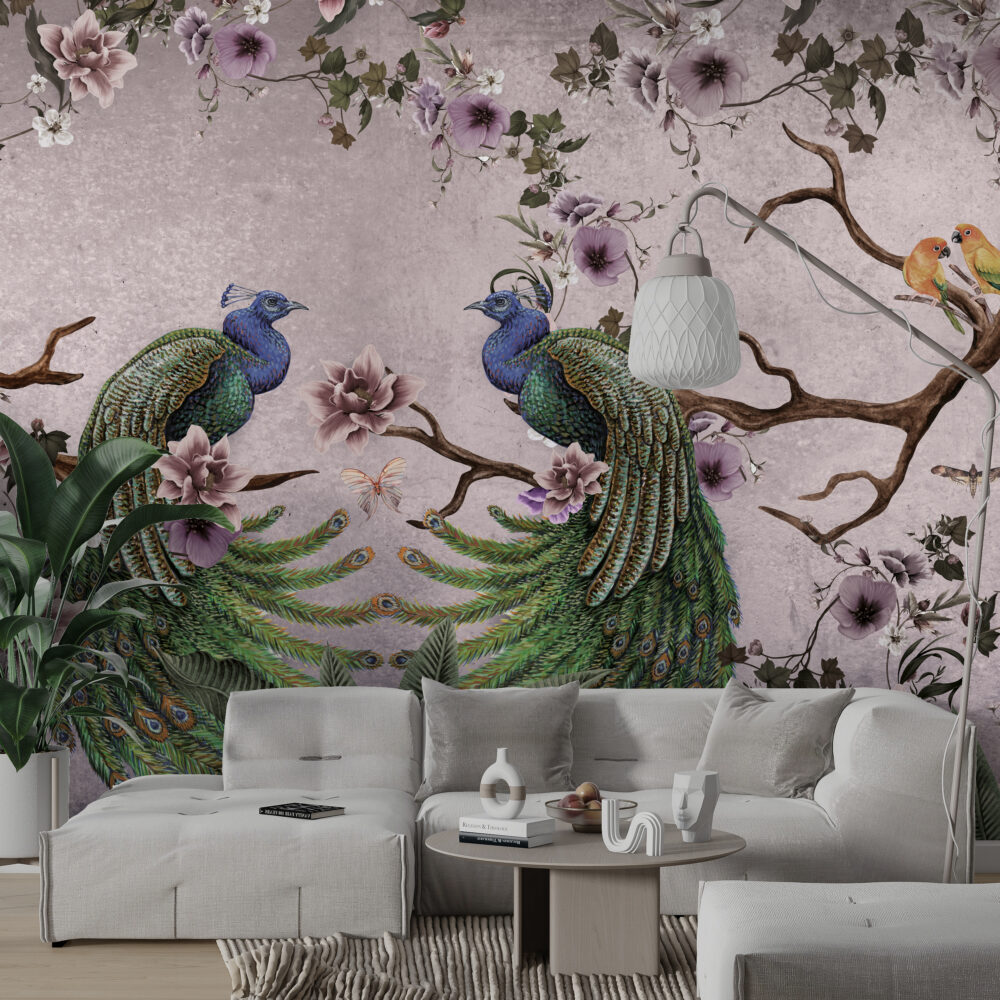 Pink Peacock Wallpaper : Magnolia Branch Chinoiserie Mural - View 5