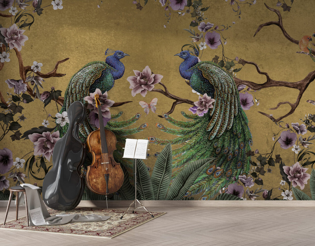 Mustard Peacock Wallpaper : Magnolia Branch Chinoiserie Mural - View 6