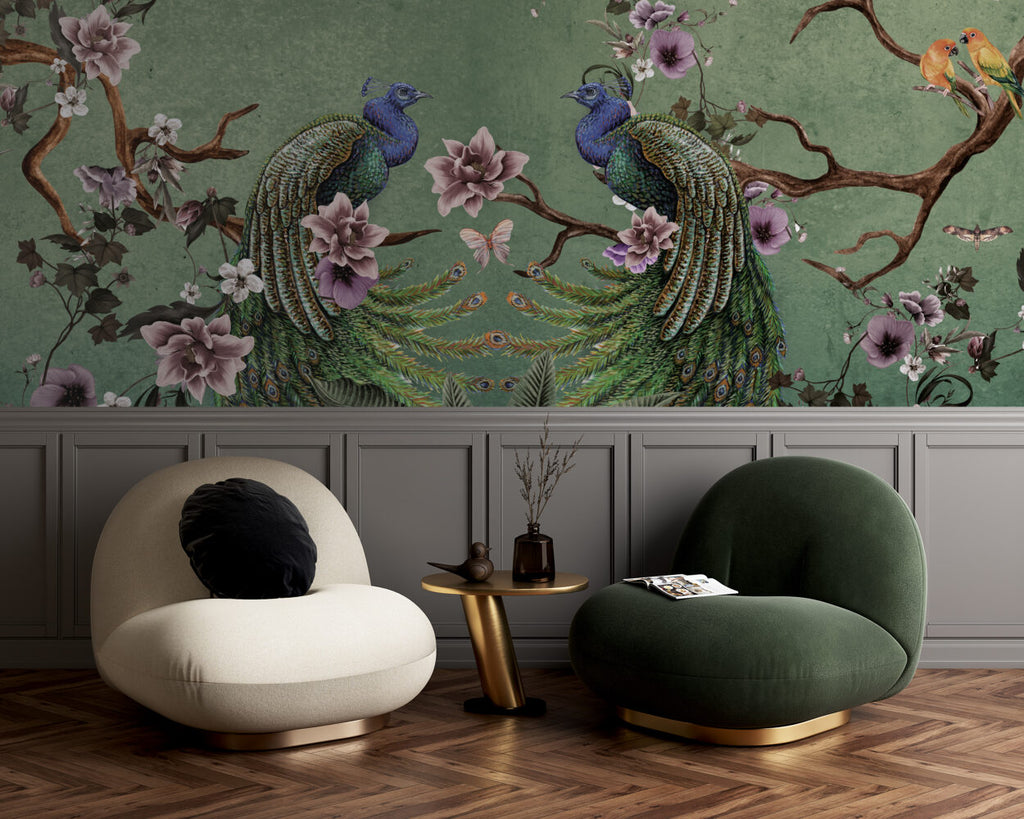 Green Peacock Wallpaper : Magnolia Branch Chinoiserie Mural - View 3