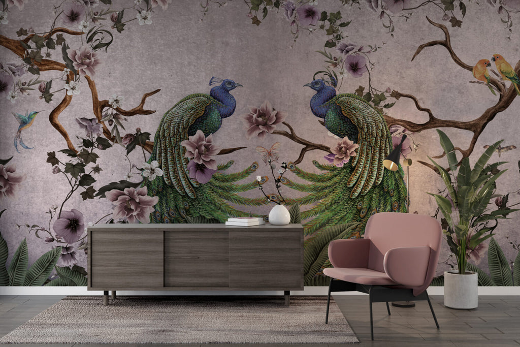 Pink Peacock Wallpaper : Magnolia Branch Chinoiserie Mural - View 6