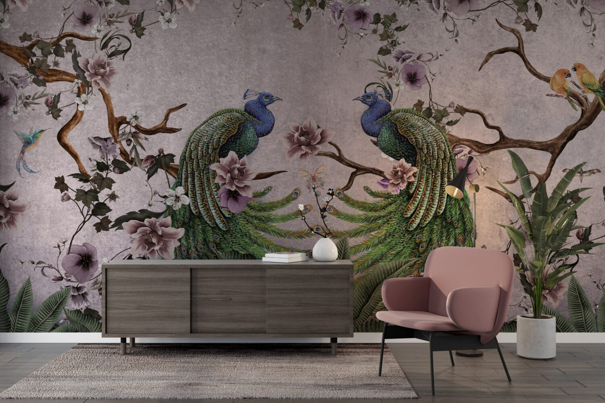 Pink Peacock Wallpaper : Magnolia Branch Chinoiserie Mural - View 6