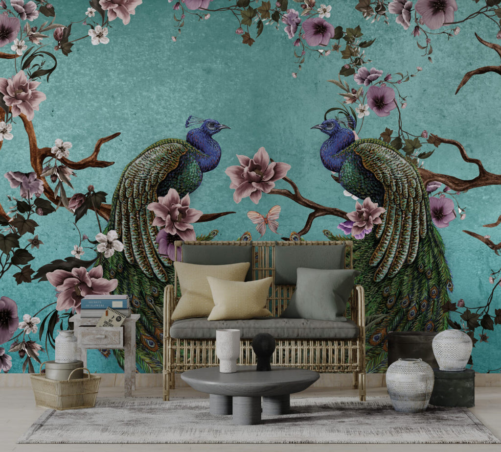 Turquoise Peacock Wallpaper : Magnolia Branch Chinoiserie Mural - View 6