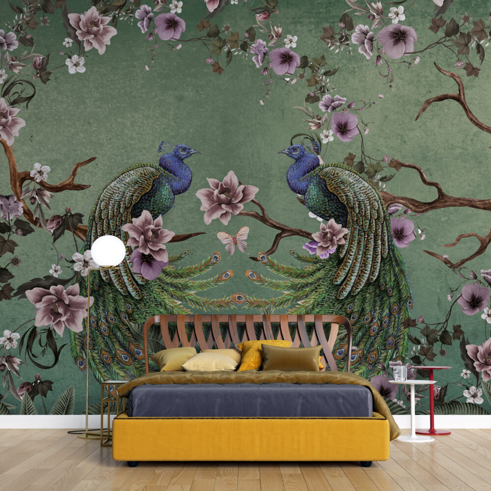 Green Peacock Wallpaper : Magnolia Branch Chinoiserie Mural - View 4