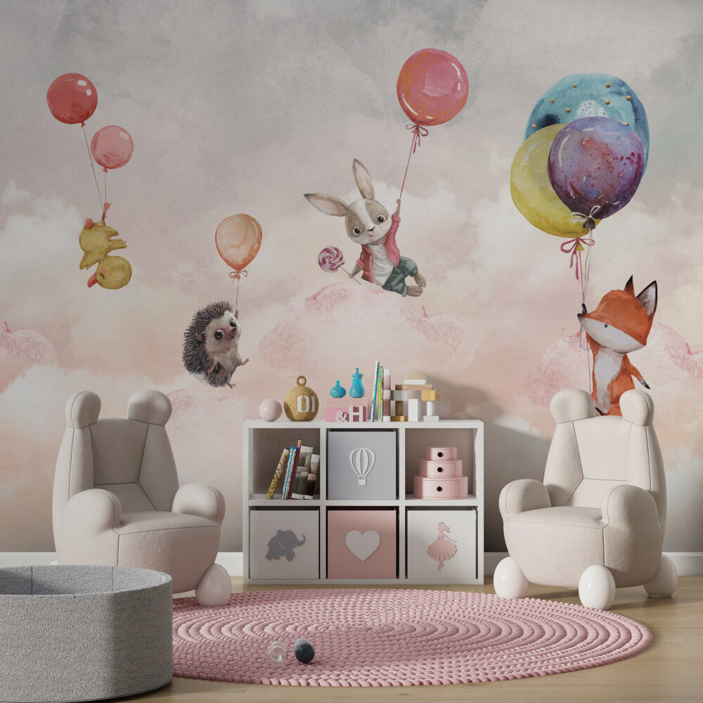 Pink Balloon Animals Wallpaper : Floating Hedgehog Nursery Mural - View 3