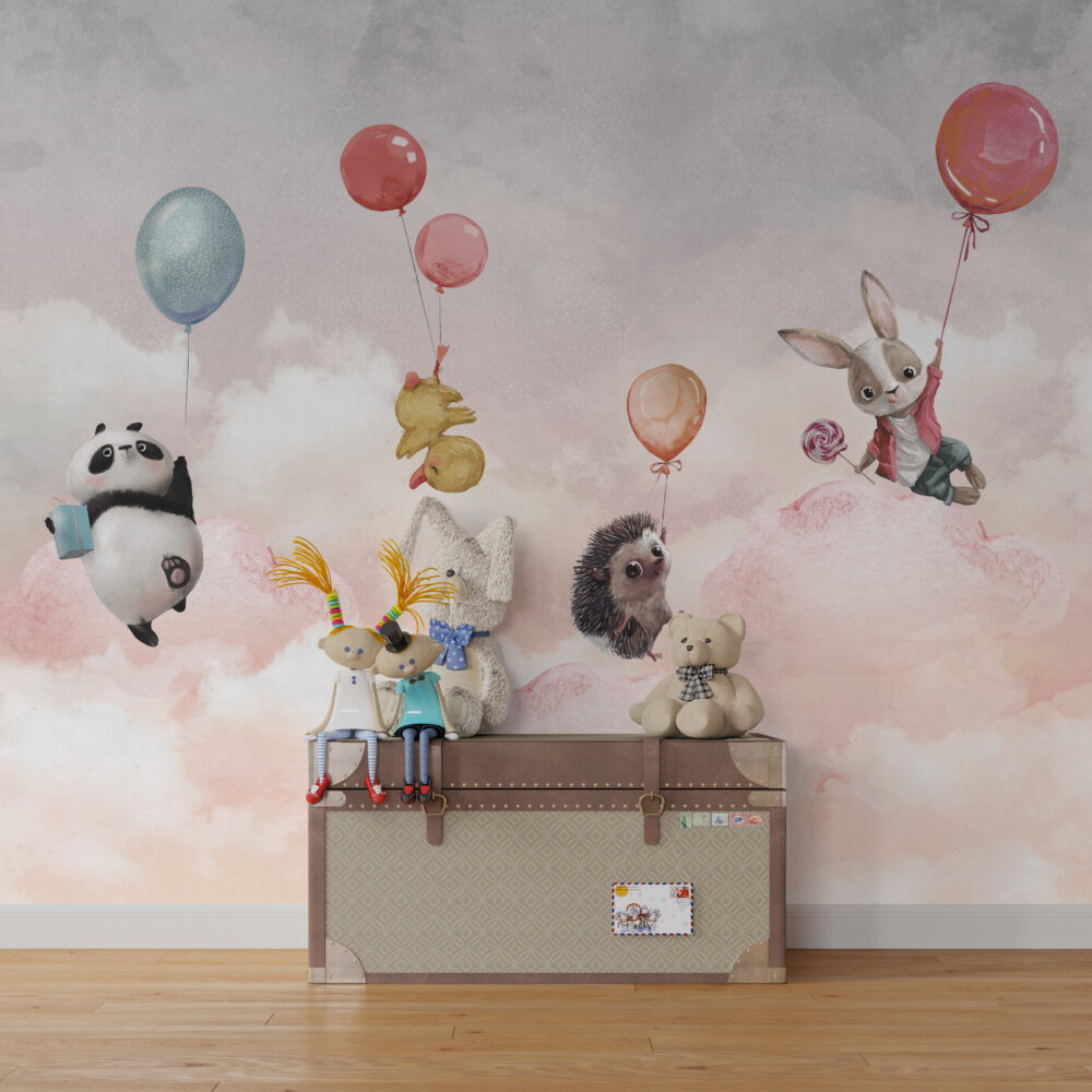 Pink Balloon Animals Wallpaper : Floating Hedgehog Nursery Mural - View 4