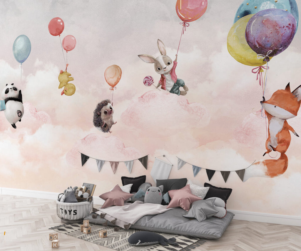 Pink Balloon Animals Wallpaper : Floating Hedgehog Nursery Mural - View 5