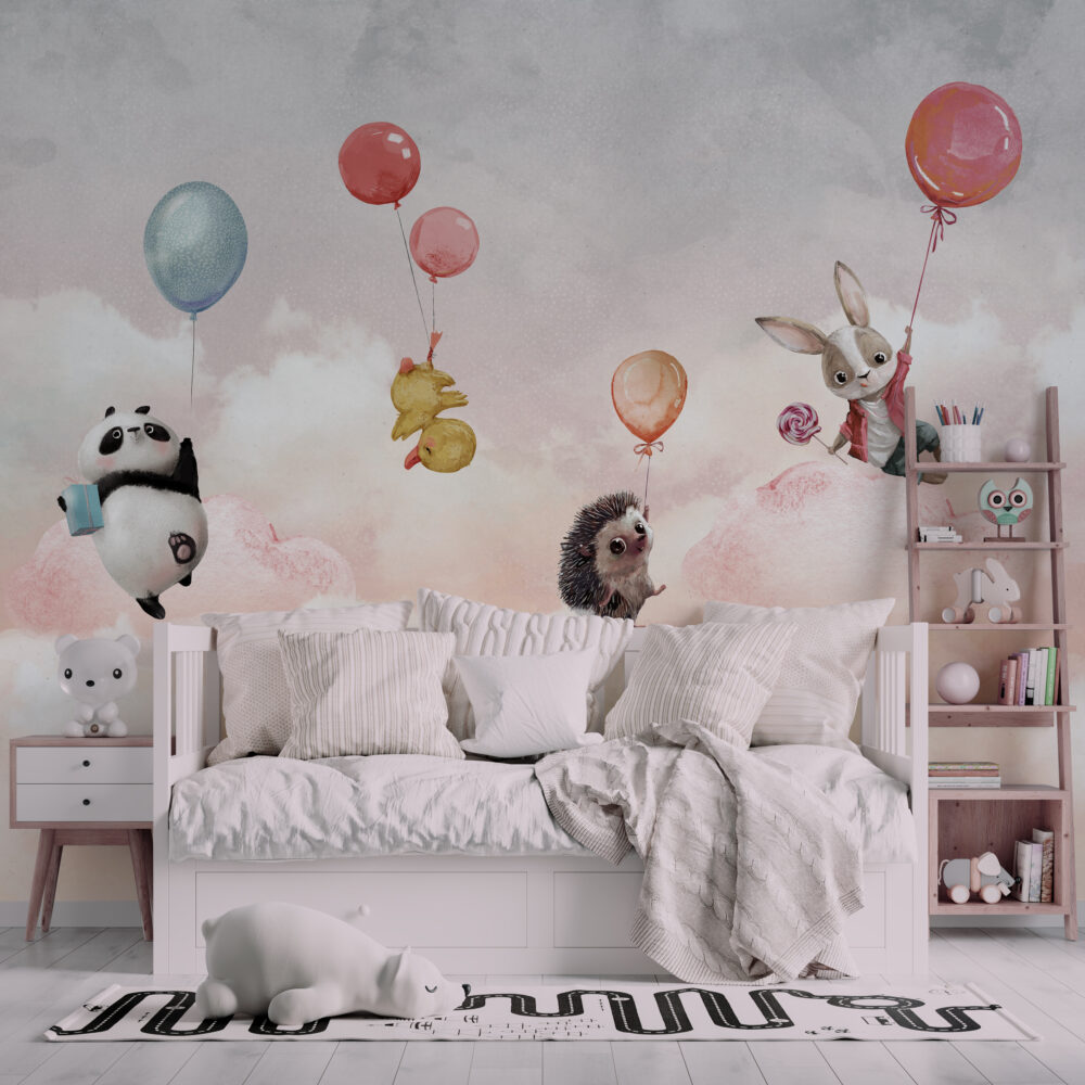 Pink Balloon Animals Wallpaper : Floating Hedgehog Nursery Mural - View 6