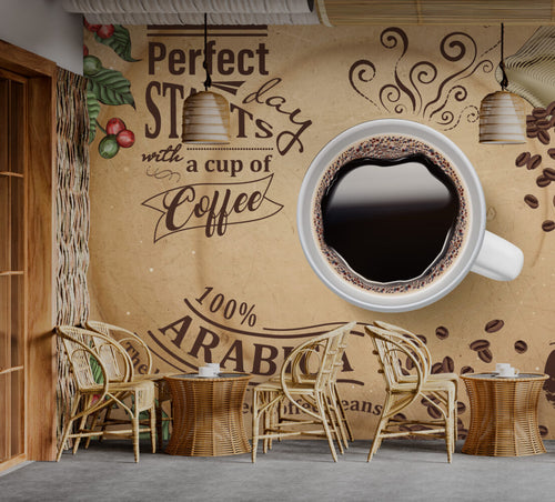 Coffee Cup Wallpaper : Vintage Cafe Typography Mural